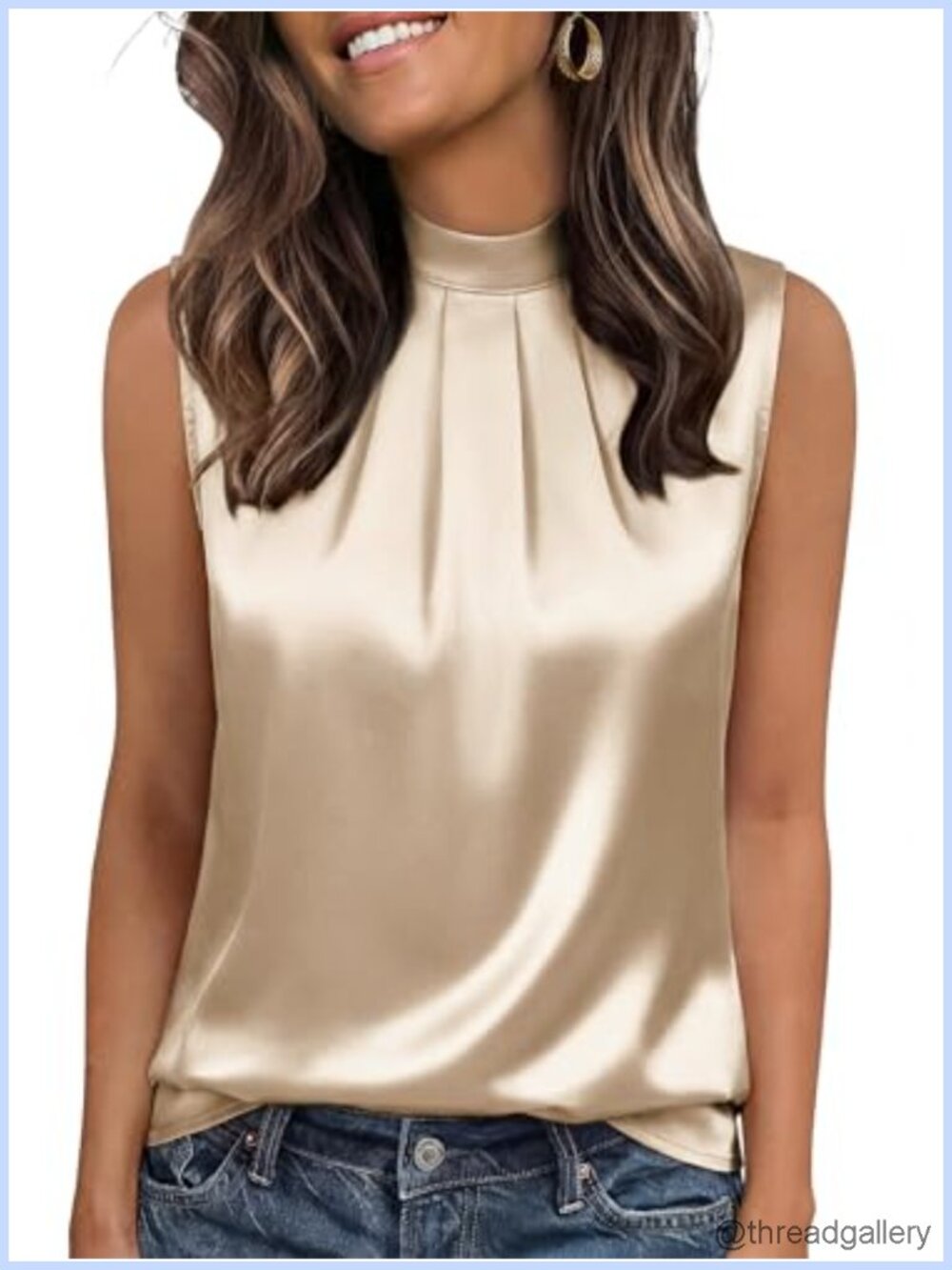 Women's Satin Tank Top Mock Neck Pleated Sleeveless Dressy Business Blouse